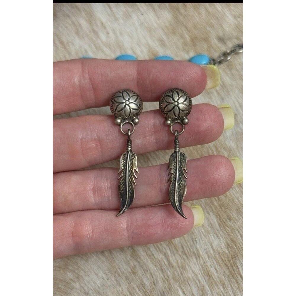 Vintage Sterling Silver Concho Flower Feather Dangle Post Studs Earrings 925